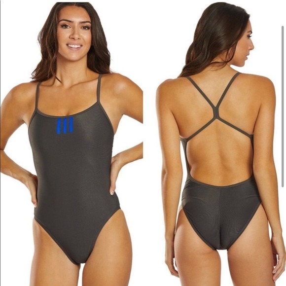 NEW Adidas Gray Solid Three Stripes C-Back One Piece Swimmer Waterpolo - Picture 2 of 8